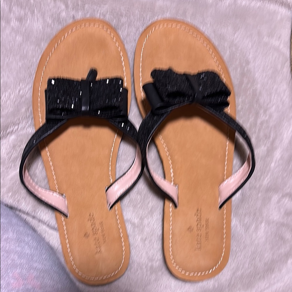 Kate Spade Glitter Black Bow and Tan Thong Sandals